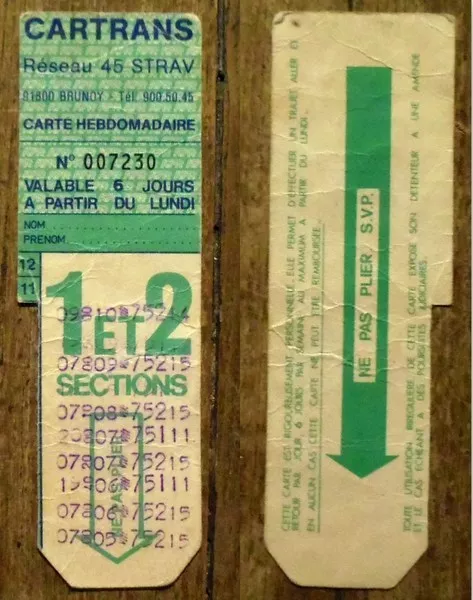 Antique Cartrans bus ticket, Brunoy, Networkau 45 STRAV, weekly card