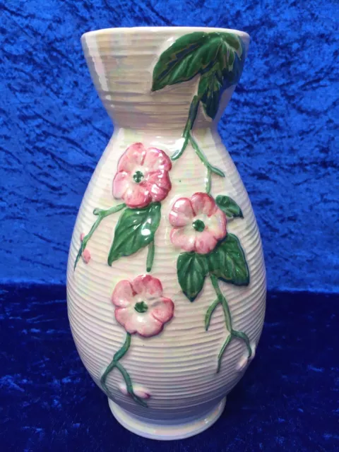 Vintage MALING, Rich Lustre Ribbed 10'' Pink Apple Blossom Vase #6584 c.1950's