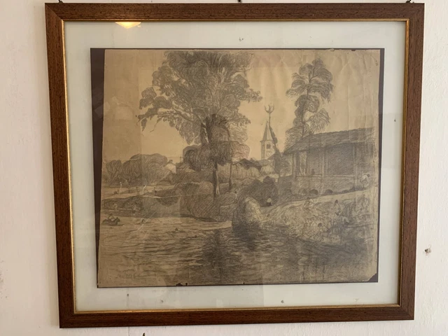 Quadro Carboncino Su Carta Incorniciato - Paesaggio - 85 x 87 cm