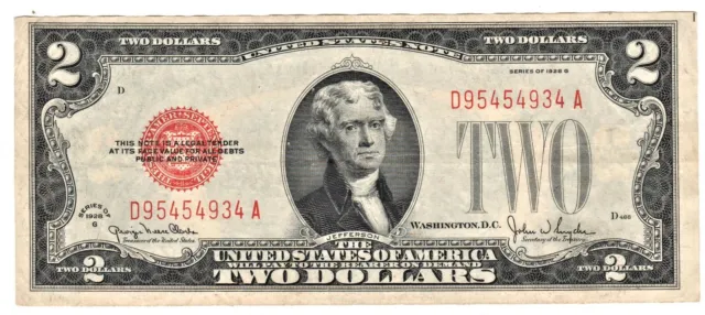 CRISP 1928 G Two Dollar $2 Bill Red Seal United States Note Nicely CIRCULATED