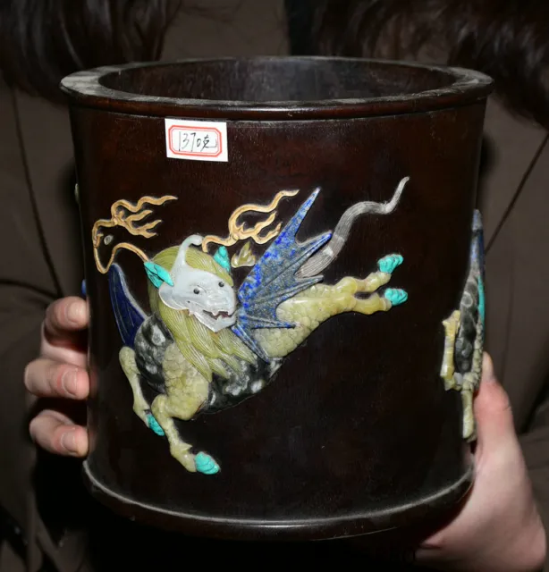 7.2" Old Chinese Huanghuali Wood Inlay Shell Kylin Qilin Beast Brush Pot Vase