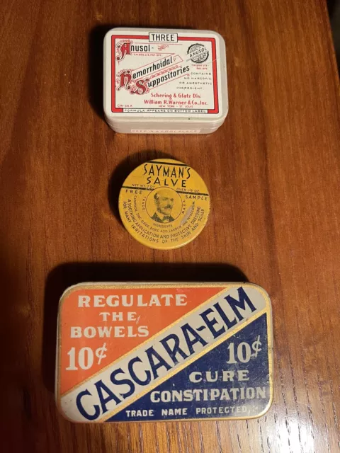 Three vintage tins for hemorrhoids and constipation. Suppositories, Salve ,pills