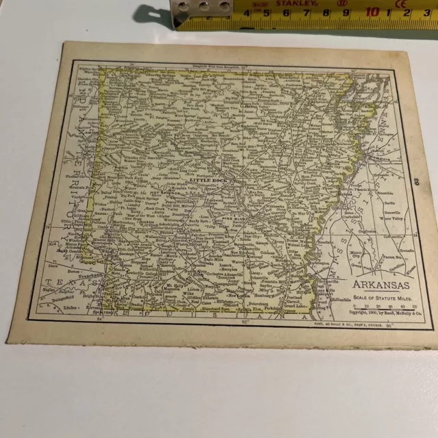 Rand, McNally & Co Antique 1900 Map Of Arkansas 7x6