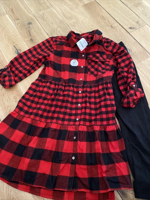 Next Age 11, 2 piece red / black check dress and black leggings BNWT £24
