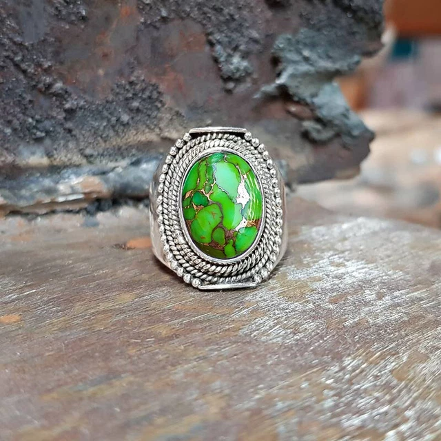 Green Copper Turquoise Ring 925 Sterling Silver Jewelry All Handmade Size