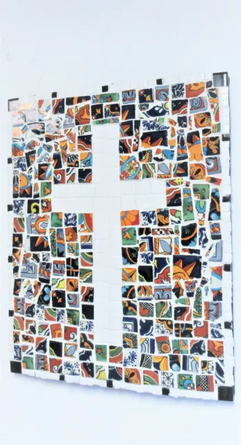 20"x16" ORIGINAL SIGNED TALAVERA/ SOUTHWESTERN MOSAIC CROSS! READY TO HANG!