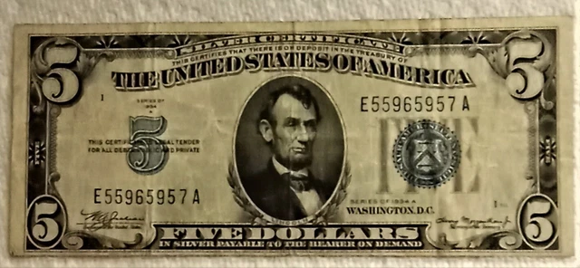 1934 A Series Blue Seal 5$ Silver Certificate