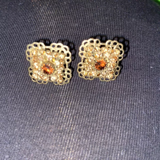 AVON Steampunk Crystal Earrings Maltese Cross Squared Brass Tone Gothic Lace 1"