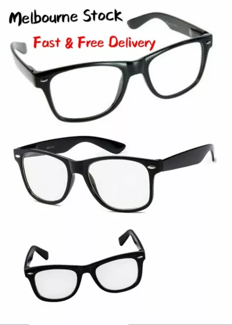 Classic Retro Glasses - Black Frame / Clear Lens - Nerd - FREE POST AUS