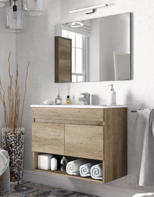 Mueble lavabo baño con espejo y hueco abierto 80x45x64 cm CON LAVAMANOS PMMA