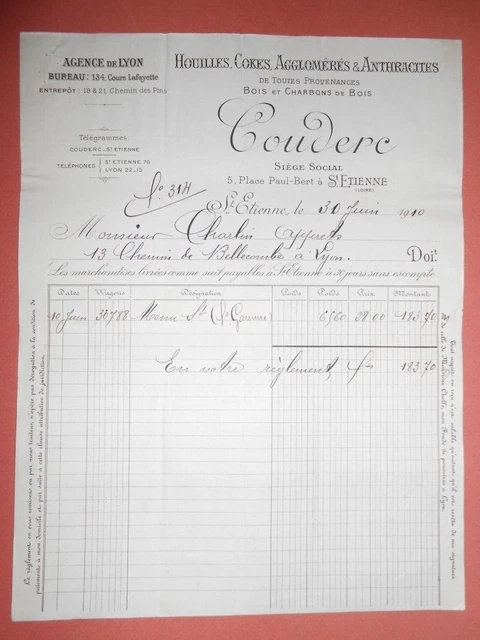 ANCIENNE FACTURE COUDERC Saint Etienne 1910 Houilles cokes charbons EUR