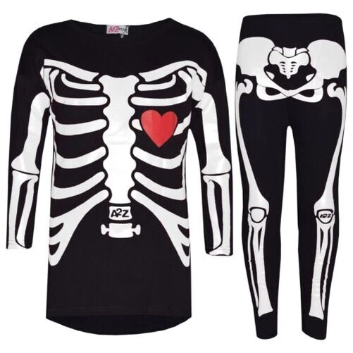 Bambine Top Scheletro Stampa Maglietta Bianca & Set Leggings Costume Halloween