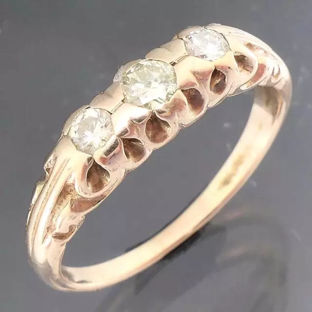 Victorian Revival Solid 9k Yellow GOLD 3 DIAMOND TRILOGY SCROLLS RING Sz O