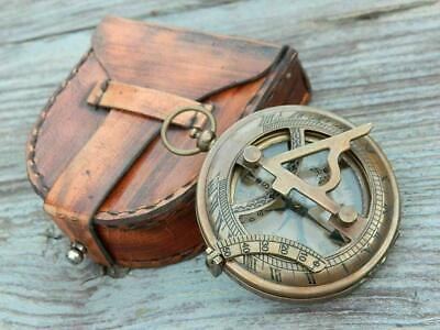 Vintage nautical push button sundial antique brass compass 3" with leather case