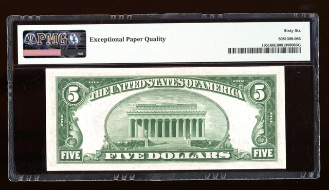 DBR 1934-A $5 Silver Fr. 1651 JA Block Gem PMG 66 EPQ Serial J01344846A 2