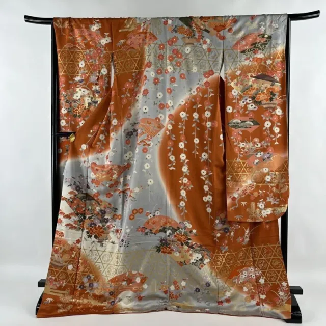 Japanese Kimono Furisode Pure Silk Lined Fan Pine Bamboo Plum Foil Orange Formal