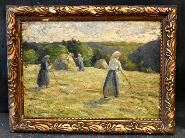 Tableau ancien huile paysage animé les glaneuses signé fin XIXème