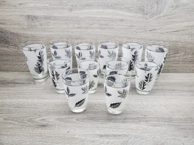 Vtg MCM LIBBEY Silver Leaf Pattern Set Of Drinking Glasses Goblets Qty 12
