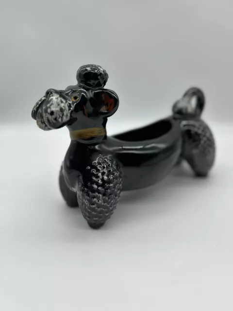 Vintage Poodle Schnauzer Dog Planter Ceramic Black And White MCM Curly Haired