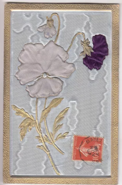 Cpa Fantaisie  - Montage Collage Relief 3D Fleur De Pensee Soie Moire 1907 ~C48