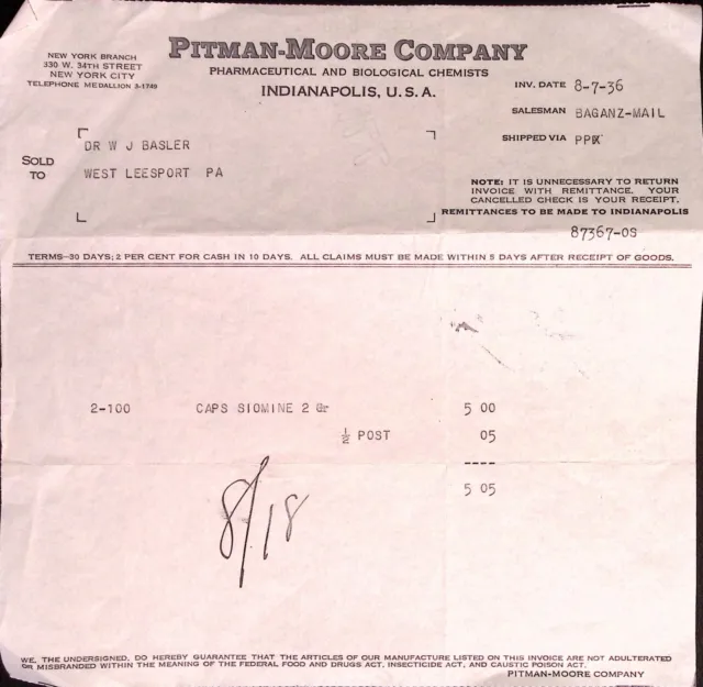 1936 Pitman Moore Co. Pharmaceutical Biological Chemists Indianapolis Invoice