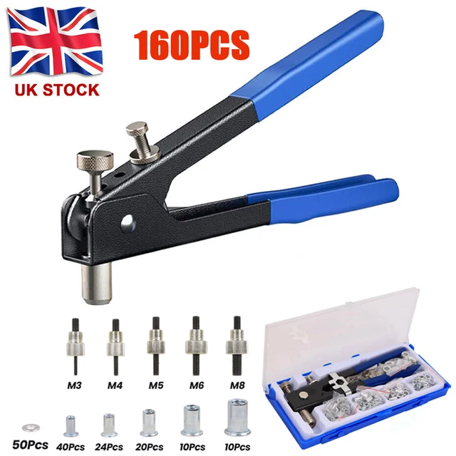 160PCS Threaded Nut Riveter Gun M3-M8 Insert Tool Riveter Rivnut Nutsert Kit Set