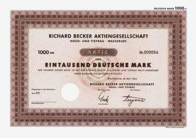 Richard BECKER BAU 1966 Aschaffenburg Wasserlos Dettingen Gründeraktie 1000 DM