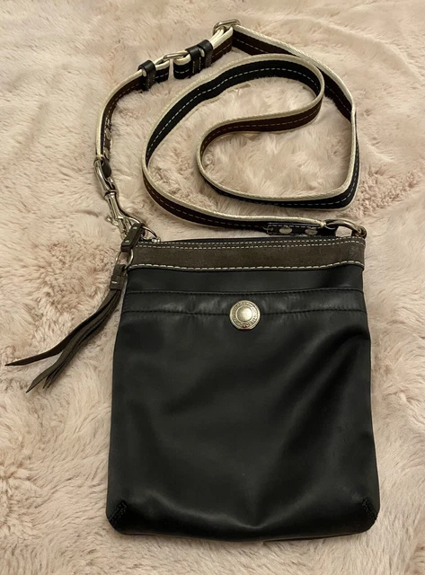 COACH Black Nylon Satin W/ Brown Suede Trim CROSSBODY Bag Adjustable Strap PreOw