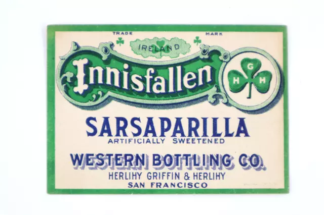 Vintage INNISFALLEN SARSAPARILLA Soda Pop Bottle Label San Francisco California