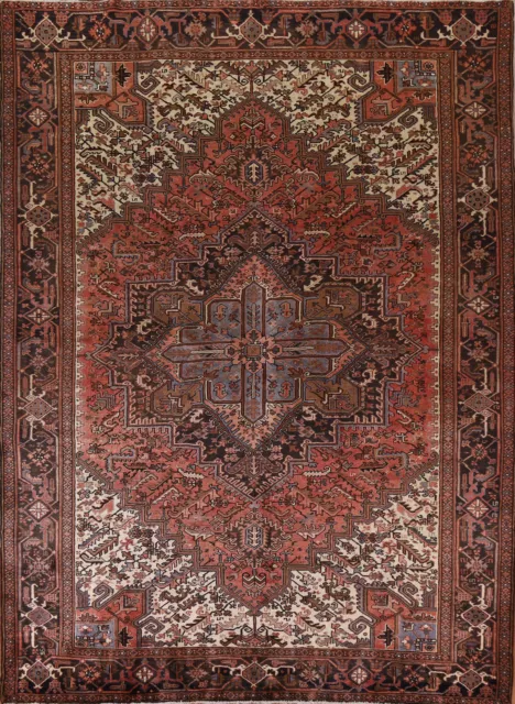 Vintage Geometric Heriz Hand-knotted Wool Rug 9x11 Traditional Room Size Rug