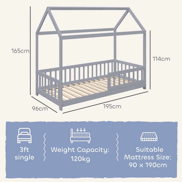 HOUSE SHAPED KIDS Bed Frame with Guard Rails Solid Pine Wood Single Bed ...