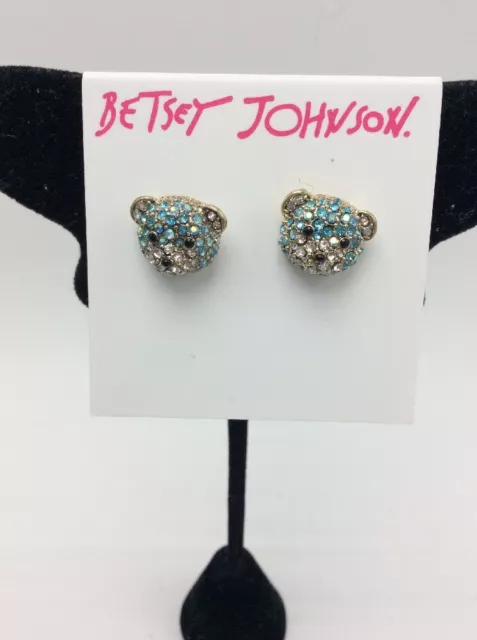 $32 Betsey Johnson Blue Crystal Paved Teddy Bear Head Stud Earrings F202