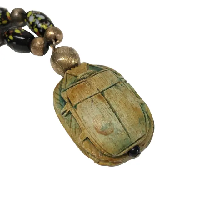 Vintage Carved Scarab Beetle Necklace Egyptian Revival Hieroglyphic
