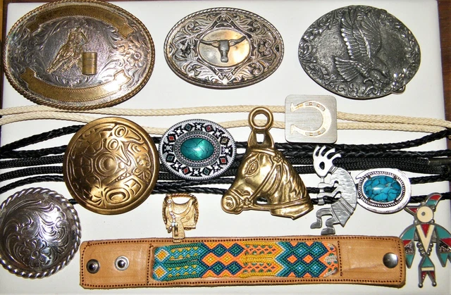 Vintage & Contemporary SOUTHWESTERN COWBOY BELT BUCKLES~BOLO TIES LOT (13) Piece