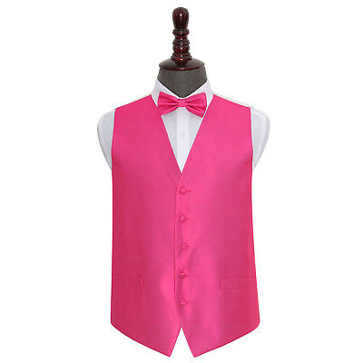 DQT Woven Plain Solid Check Fuchsia Pink Mens Wedding Waistcoat & Bow Tie Set