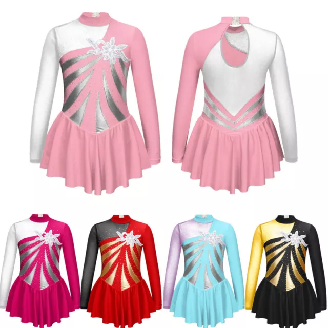 Kid Girls Sequin Dance Dress Figure Ice Skating Ballet Dance Performance Costume