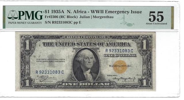1935-A $1 North Africa Silver Fr. 2306 (RC Block) PMG 55 EPQ s/n R 92331983 C