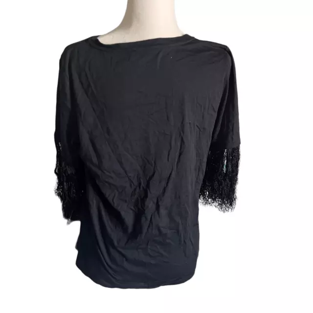 Twin set black embroidered floral fringe tee shirt blouse size medium 2