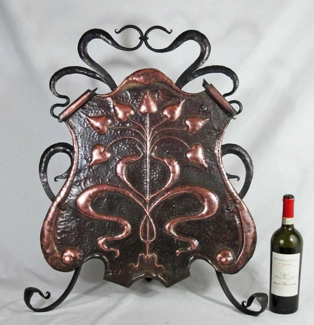 Superba Schermo Antincendio Antico Art & Crafts Art Nouveau Rame E Ferro Battuto 1880