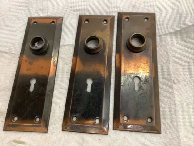Vintage 3 Brass Door Knob Back Plates With Skelton Keyhole Normal Scratches Wear