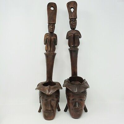 Pair of Vintage Carved Wood Igorot Philippines Figure Offering Bowl 19.5"