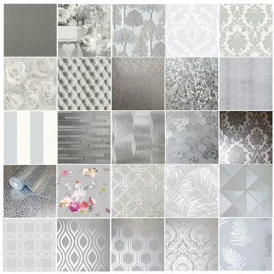 Arthouse Palazzo Damasco Carta Da Parati Argento Grigio Bianco Glitter con Texture Vinile 