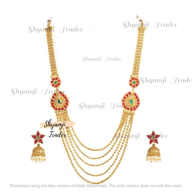 18k South Indian Red Gold Tone Long Multistrand Necklace Jhumki Earrings jewelry