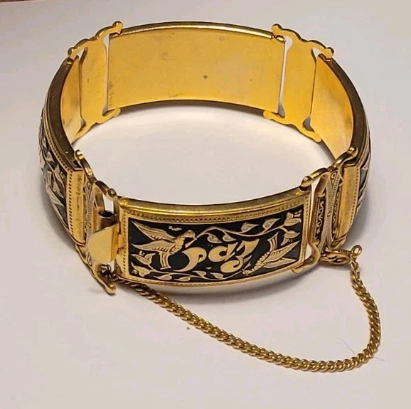 Bracelet Vintage Tolède - 7 Modules Acier Damasquiné Noir - Chaîne De Sécurité - Style Bohème