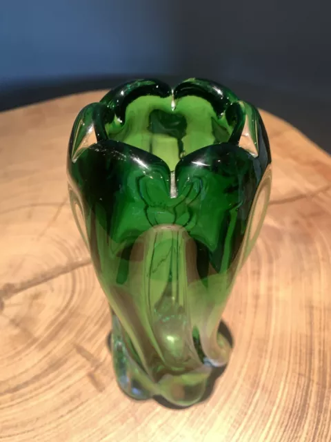 Vintage Bohemian Green Art Glass Vase Crocus Czech Mid Century MCM