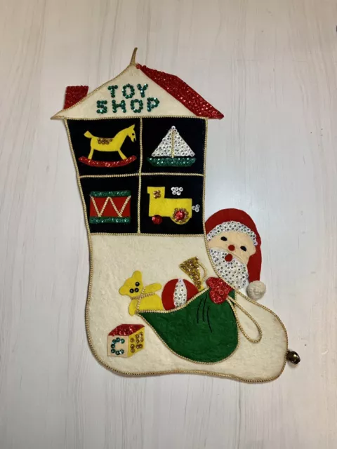 Vintage MCM Handmade Felt Sequin SANTA TOY SHOP Christmas Stocking Hand Stitched