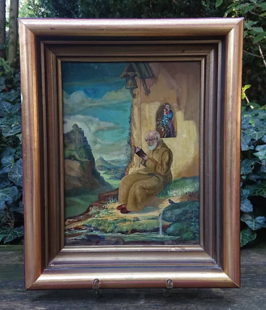 altes Ölbild auf Karton Eremit Heiligenbild Maria Berge Bachlauf sig W. Hoffmann