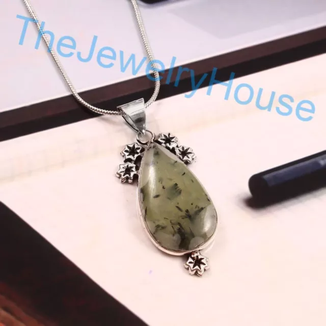 925 Sterling Silver Pretty Moss Prehnite Gemstone Pendentif Cadeau pour...