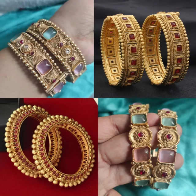 Indian Bollywood Matte Gold 2Pcs Bangle Bracelet Ethnic Wedding Women Jewelry