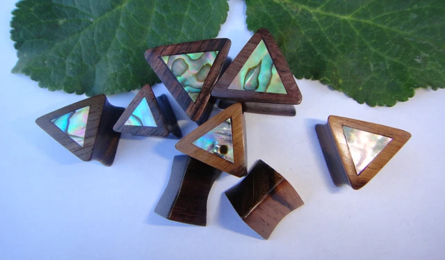 1 Pair Handmade ABALONE Shell Sono Wood Triangle Double Flared Ear Plugs Gauges
